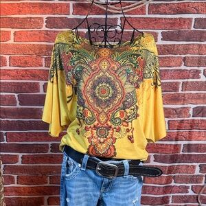 👚 Only Nine Rhinestone Mandala Dolman Top Boho Vibes — Sunburst Yellow — Sz L